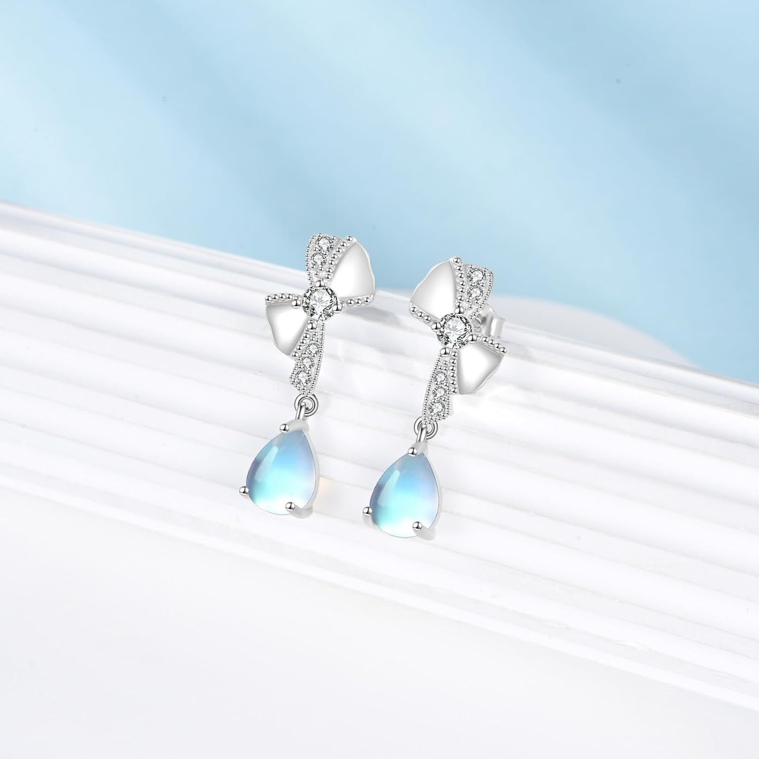 9mm Pear Cut Moonstone Bow Earrings for Women, 925 Sterling Silver Birthstone Bow Earrings, Exquisite Jewelry Gift for Mother Wife Girlfriend, Birthday Anniversary