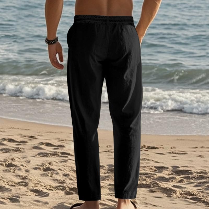 Mens Casual Linen Lightweight Elastic Waist Drawstring Summer Beach Trousers Pants2