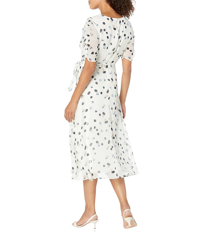 DKNY Ruched Sleeve V-Neck Faux Wrap Multi Dot 7744/Ivory
