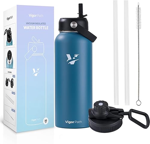 Botella de agua aislada al vacío, botella de agua de acero inoxidable con tapa con popote y tapa flexible (mantiene el frío durante 24 horas, el