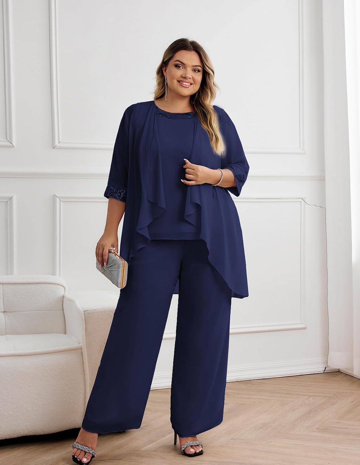 Hanna Nikole Plus Size Mother of The Bride Pant Suits 3 Piece Chiffon Sets Wedding Guest Gowns Formal Outfits with Jacket - Image 5