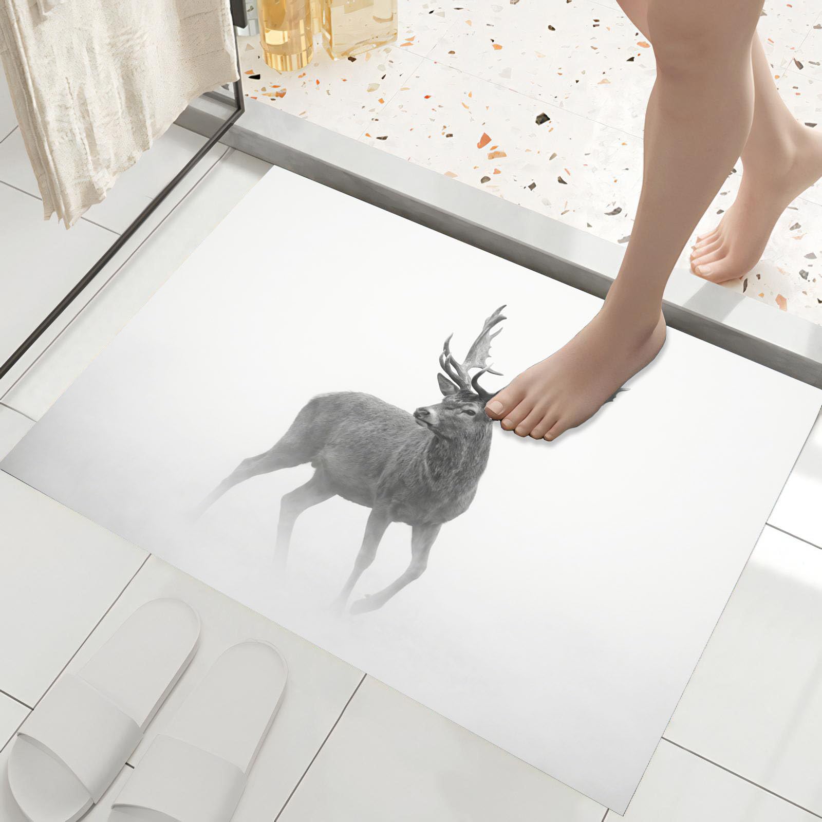 Felpudo Entrada Casa, 90X150Cm Alfombra Entrada Antideslizante Renos De Niebla Natural, Alfombrilla Fino Animales Simples Absorbentes Lavable para Entrada, Pasillo, Cocina, Beige