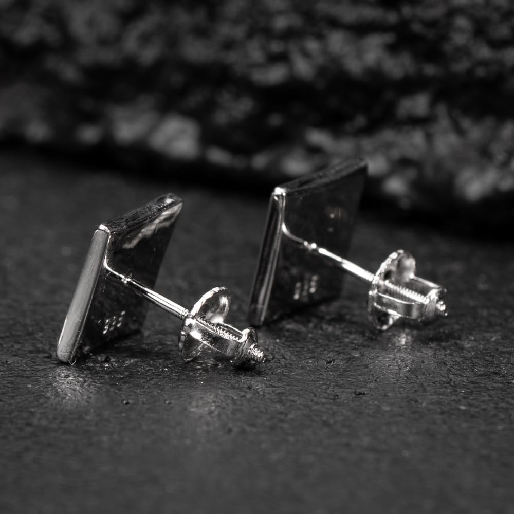 Men’s Square White Gold 925 Sterling Silver Screw Back Post Hypoallergenic Micro Pave 3D Iced 5A Cz Hip Hop Stud Earrings For Men Women Jewelry Gifts