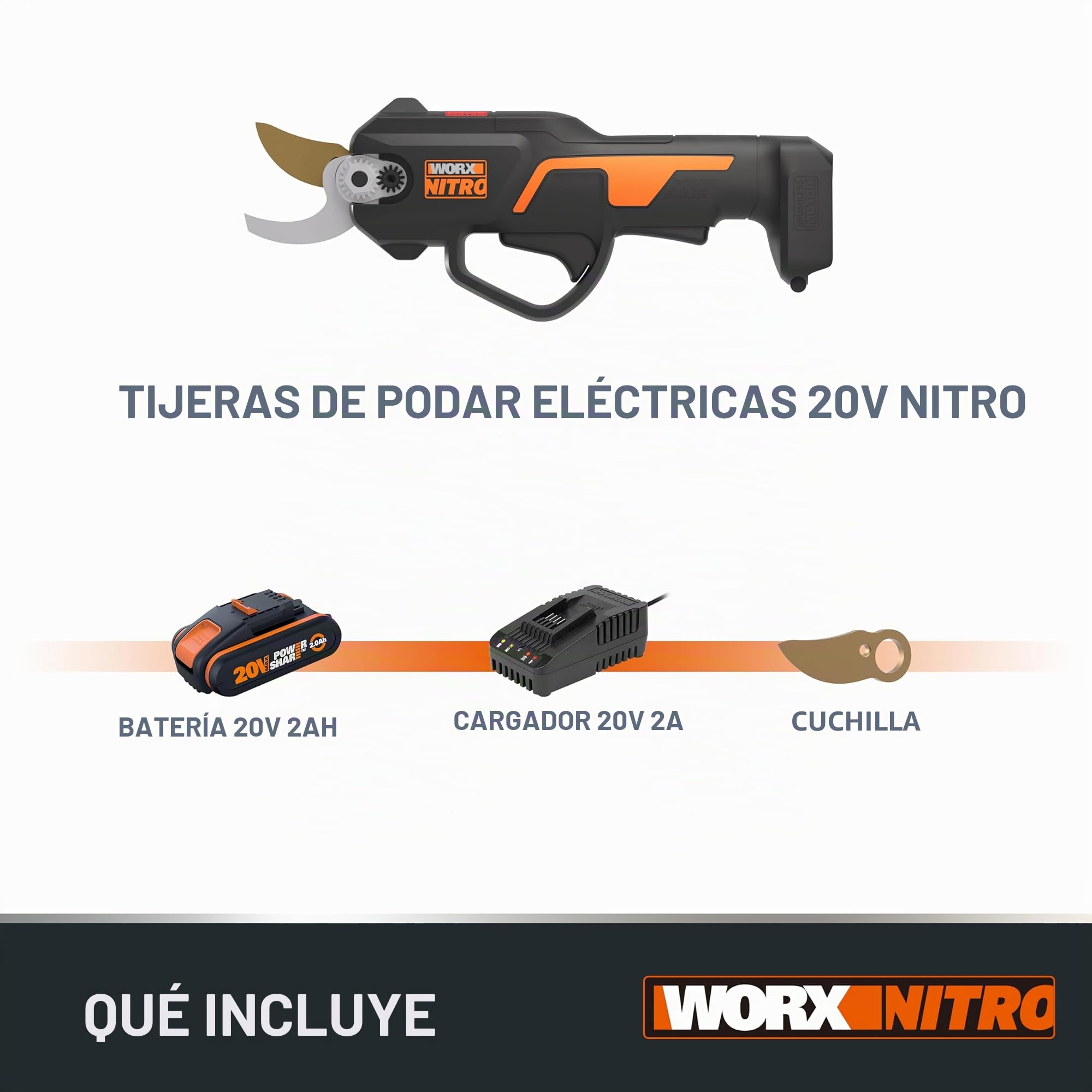 WORX NITRO 18V (20V MAX) Tijeras Podadoras Eléctricas sin Cable WG330E.1, PowerShare, sin Escobillas, Capacidad de Corte 25 mm, Vergel y Jardín, Batería y Cargador incluidos