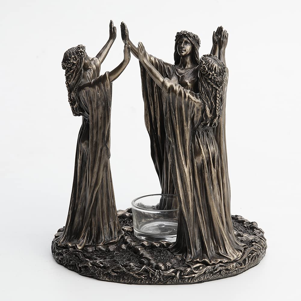 Veronese Design 6 3/4 Pollice Alto Tripla Luna Dea Maidens Rituale Candela Tealight Titolare Freddo Cast Bronzato Resina Scultura Wiccan Alter Figurine Home Decor New Age Religioso Da Collezione