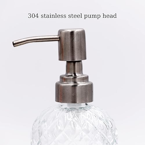 Miniatura 4 de Dispensador de jabón de vidrio con patrón de diamante de 16 onzas, dispensador de jabón recargable para cocina y baño, con bomba de acero inoxidable
