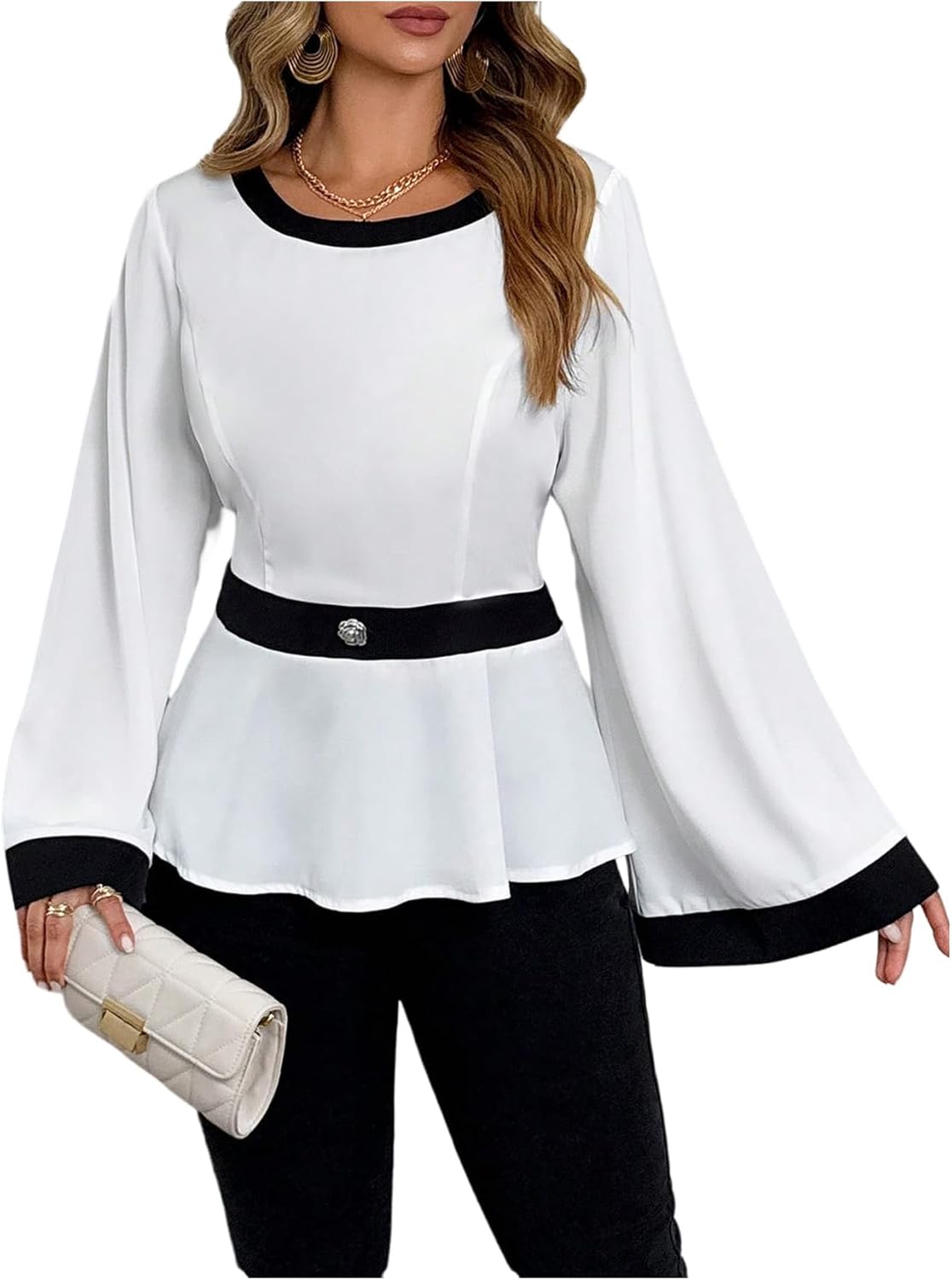 Floerns Women's Plus Size Color Block Peplum Shirts Button Crew Neck Bell Sleeve Blouse