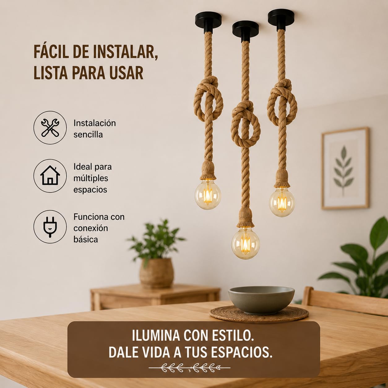 Genérico KKhome Lámpara Colgante de Cuerda de Cáñamo, Casquillo E27, Pack 2 | Estilo Náutico, Cable de 1,5 m, Uso Interior
