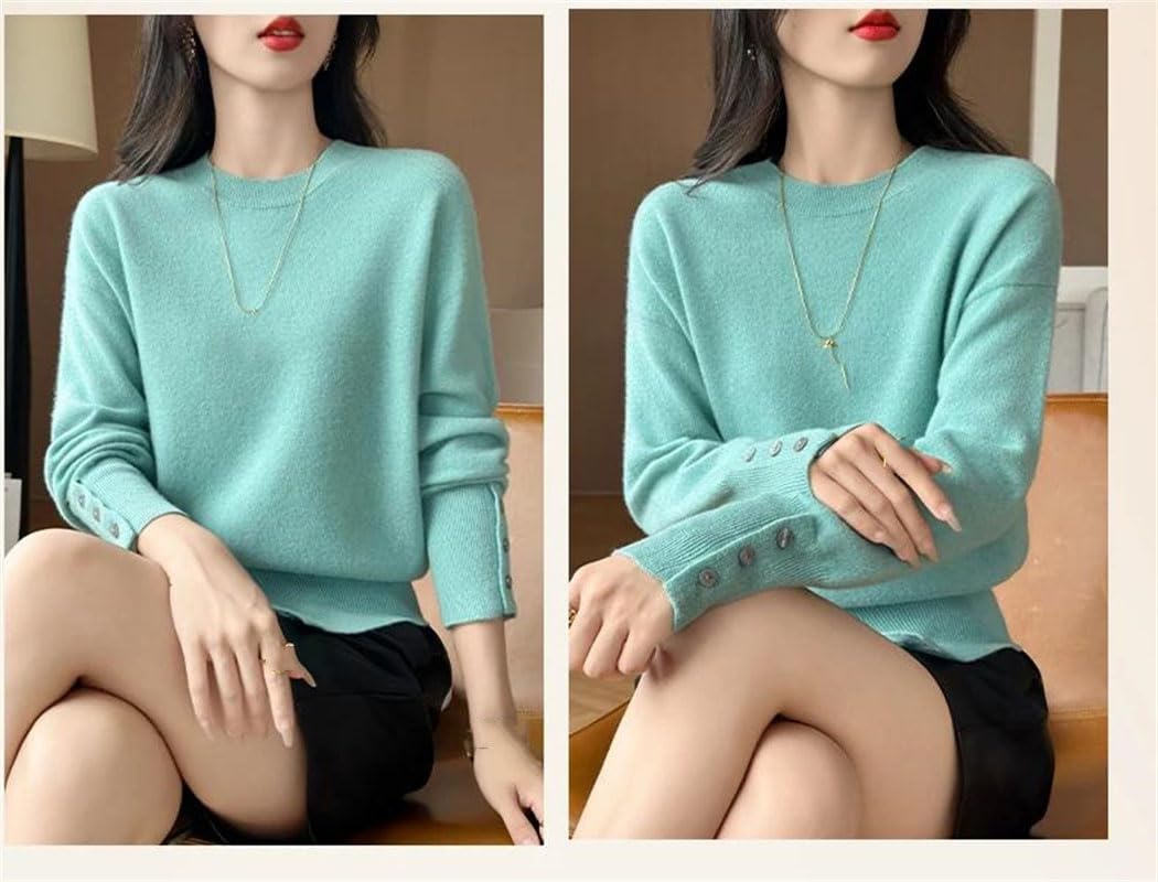 Sweter Damski Wełniany Z Okrągłym Dekoltem, Ciepły, Długi Rękaw, Duży Rozmiar, Swobodny, Jesienno-Zimowy-49-Medium