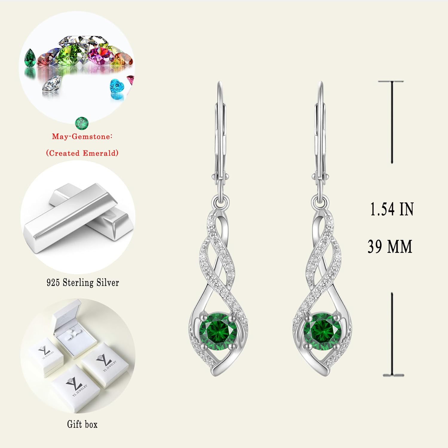 YL Infinity Twisted Earrings for Women, Solid Sterling Silver 18K White Gold Plated Birthstone Dangle Leverback Jewelry
