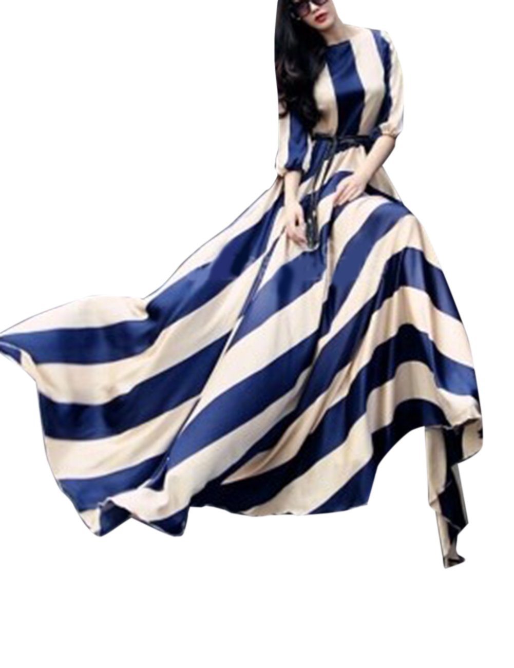 Women's Vintage Full Length Dress Stripe Cocktail Maxi Evening Gown Wedding Dress 055 (L, Navy)