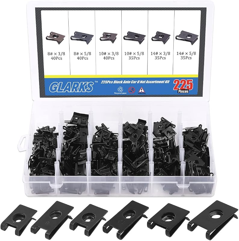 Kit de Presilhas U Nut Glarks para Painel, Porta e Acabamento Automotivo – 225 peças