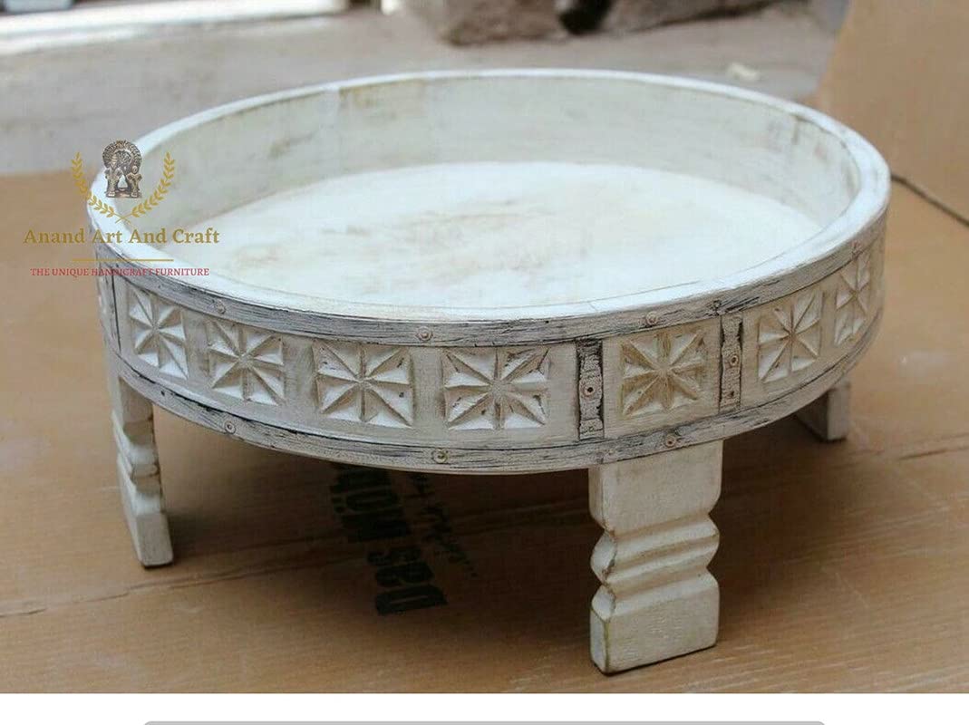 Anand Art and Craft Wood Coffee Table Grinder Table Chakki Table Hand Made Craved Indian Old Metal Fitting Beautifully Table Rustic Look Home Decor Art (White) 9x9x5.5