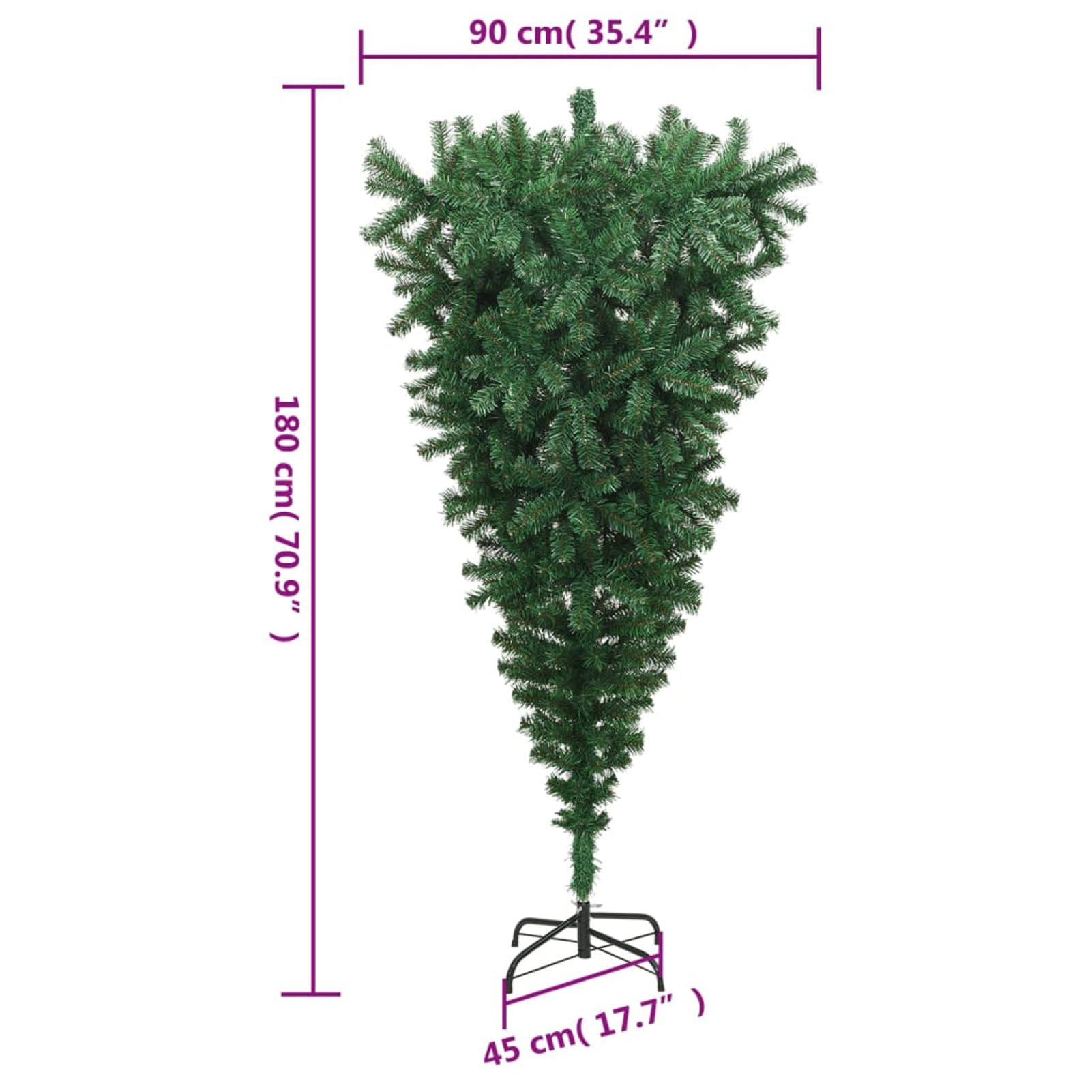 Albero di Natale artificiale capovolto con supporto verde, 180 cm x 90 cm x 45 cm, albero di Natale in abete, supporto in metallo pieghevole per decorazioni natalizie per casa/ufficio, interni ed es