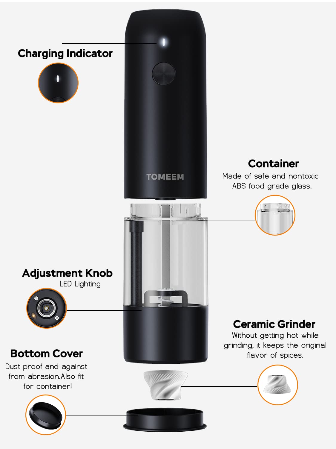 [Grande capacité améliorée] Ensemble de moulins à sel et poivre électriques rechargeables avec lumières LED – Moulin à poivre et sel automatique en acier inoxydable rechargeable avec 6 mousses