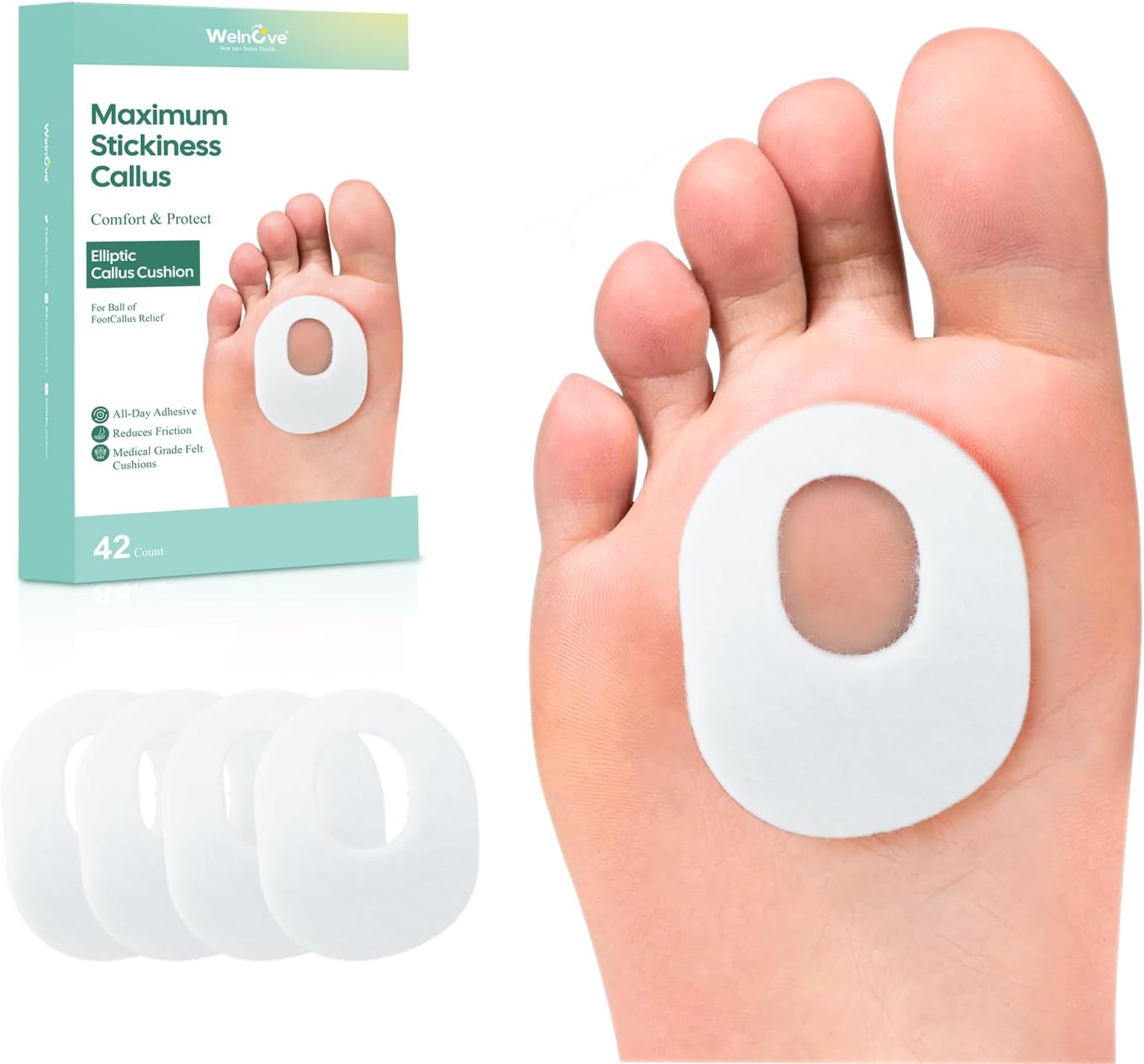 Welnove 42pcs Callus Pad with Water-Resistant Self-Stick Adhesive, Protects Foot, Heel and Toes from Rubbing and Friction,Oval Shape Design,Reduce Pressure and Friction from Shoes Rubbing-White