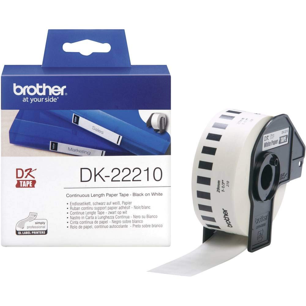 Brother DK-22210 Label Roll, Continuous Length Paper, Black on White, Single Label Roll, 29mm (W) x 30.48M (L), Brother Genuine Supplies