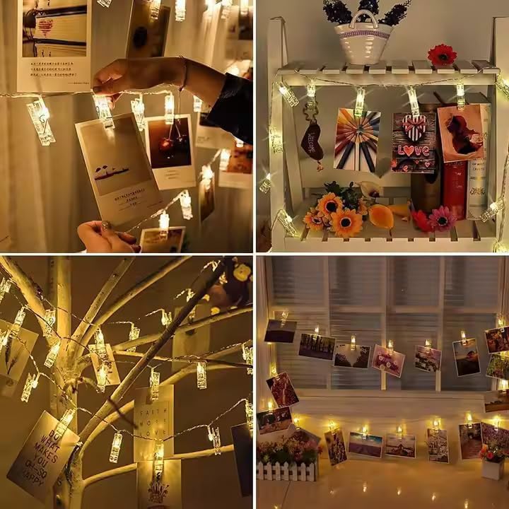 Image of MoonlitDreams Romantic Photo Clip String Lights - 14 LED 3 Meter Warm White Fairy Lights for Bedroom, Wall & Picture Decor | Valentine's Day, Party & Wedding Decoration (Pack of 1)
