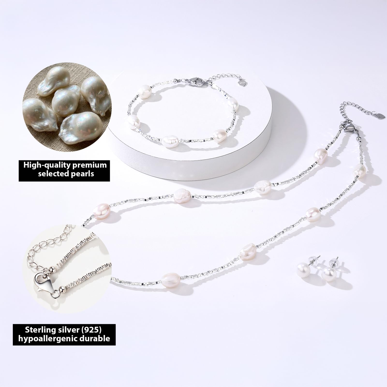 YAMI Barockperlenkette Set mit Bruchsilber Elementen (Halskette+Armband +Ohrringe), 8-9mm Salzwasserperlenkette, Perlenohrringe Silber 925, Perlenschmuck Set Damenschmuck für Jeden Anlass