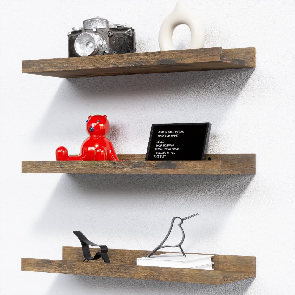 RICHER HOUSE Brown Floating Shelves for Wall Set of 3, 60 CM Wood Floating Shelves Modern for Photo Ledge Display Wall Decor