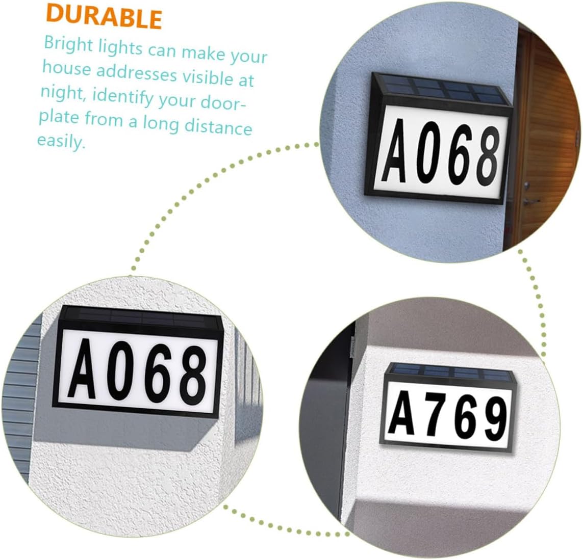 Solar Powered House Number Sign Light Weatherproof Abs Outdoor Address Plaque with Letters Energy Saving White LED for Garden Street Mailbox Visibility