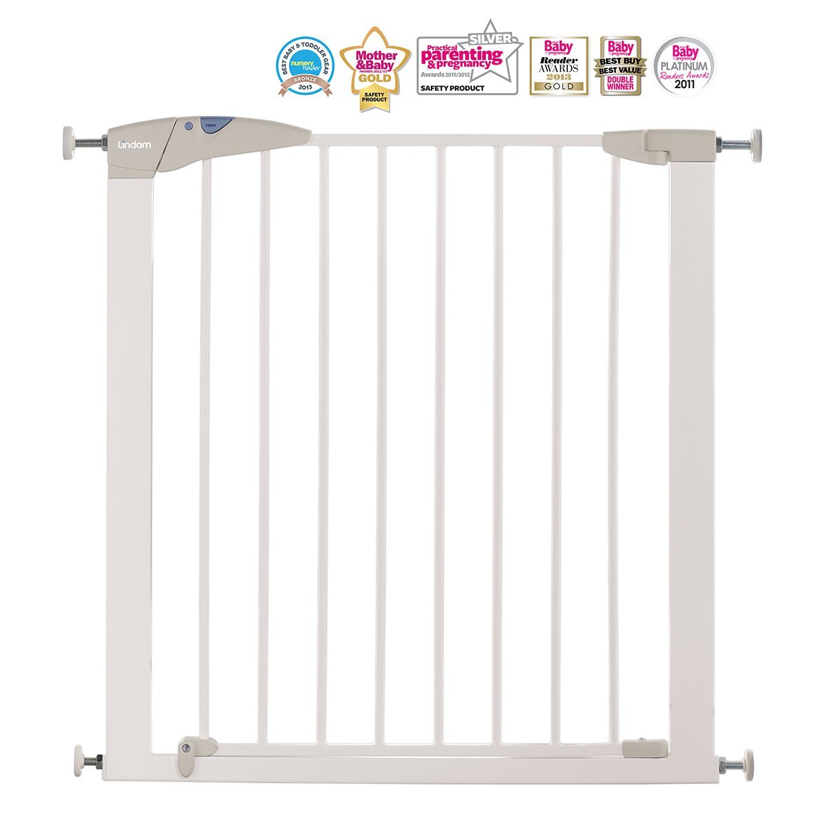 Munchkin Lindam Valla de Seguridad Infantil, Barrera de Escalera para Bebés y Niños Pequeños, Valla de Montaje Fácil sin Tornillos, Valla Metálica, 76-82 cm, Blanco + 7cm Extensión