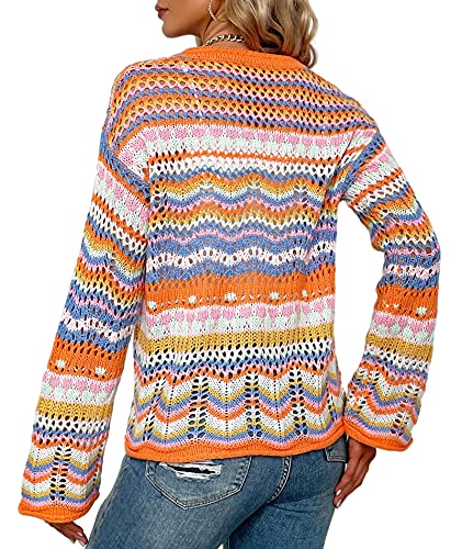 Image of xxxiticat Women's Rainbow Knitted Cardigan Sweater Long Sleeve Multicolor Striped Sweater Jumpers Open Front Jacket