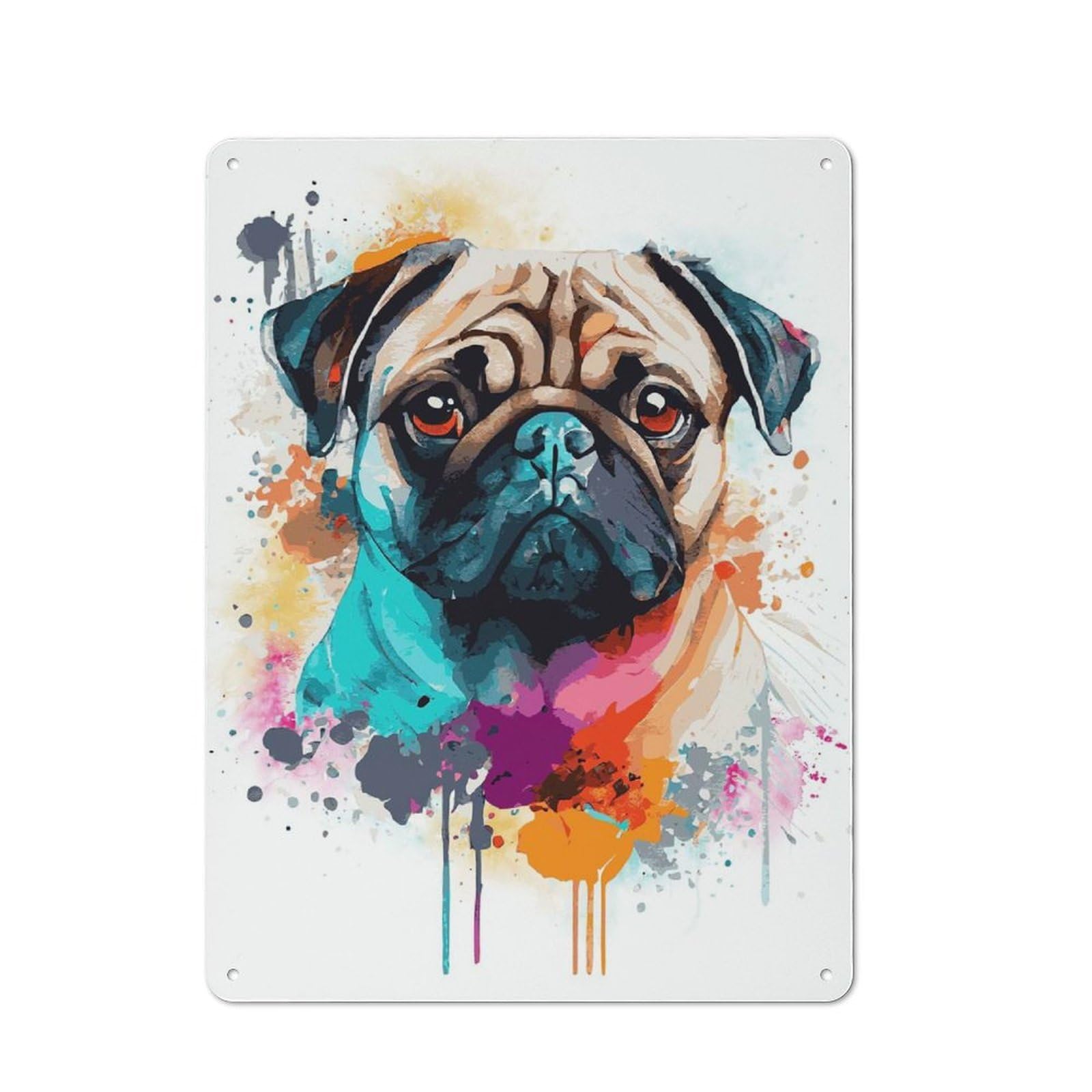Junmoney Style-24 Cute Watercolor Pug Art Rustic Tin Wall Plaque 40X30cm For Kitchen Or Home Bar, A Winter Wall Decor Update For Kitchen Decor Lovers