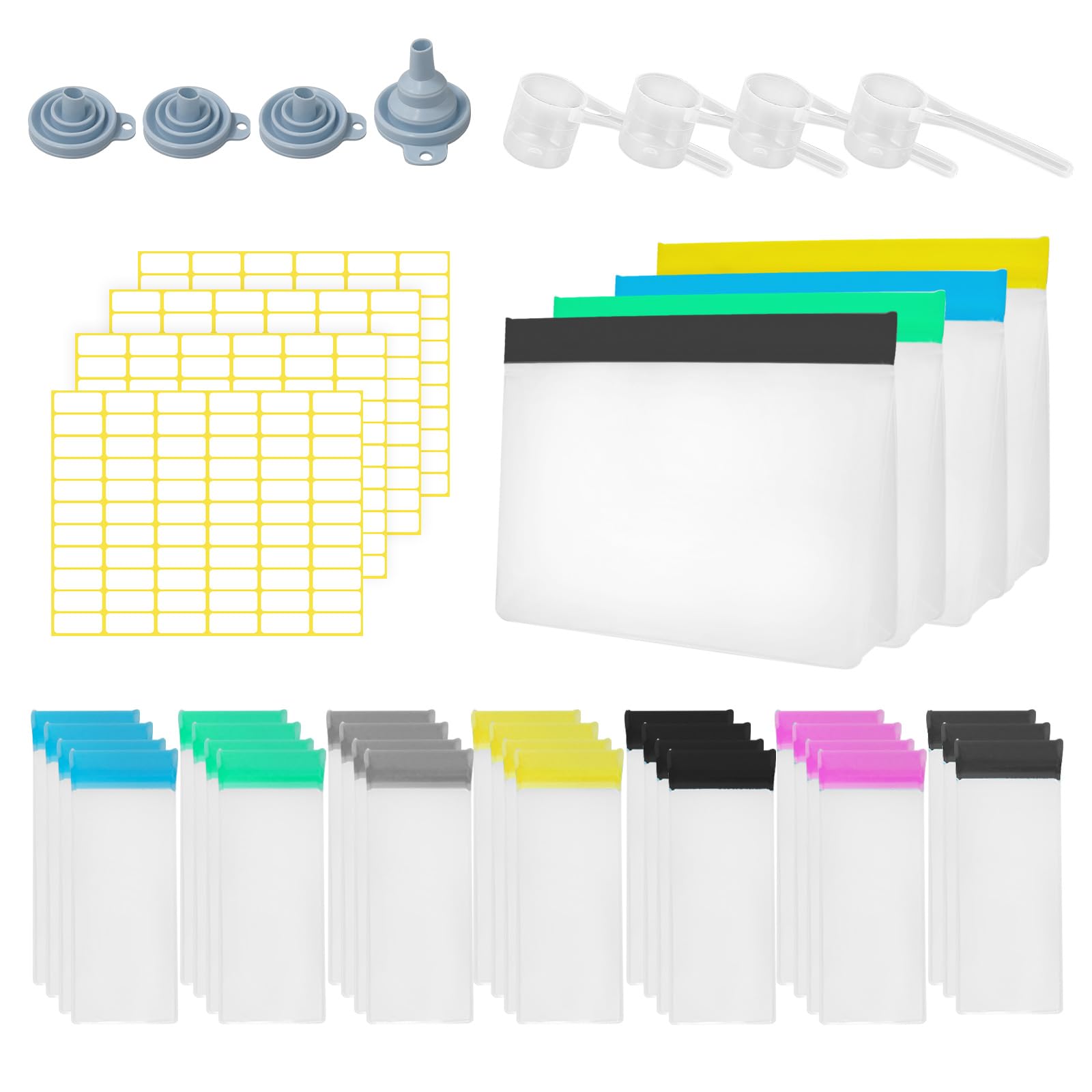 Proteinpulver-Reisebehälter-Set mit 4 Trichtern, 4 Löffeln, 4 Blatt-Etiketten, wiederverwendbarer Pulver-Ergänzungsbehälter, 28 Einzeldosisbeutel, 4 große tragbare Puder-Organizer mit