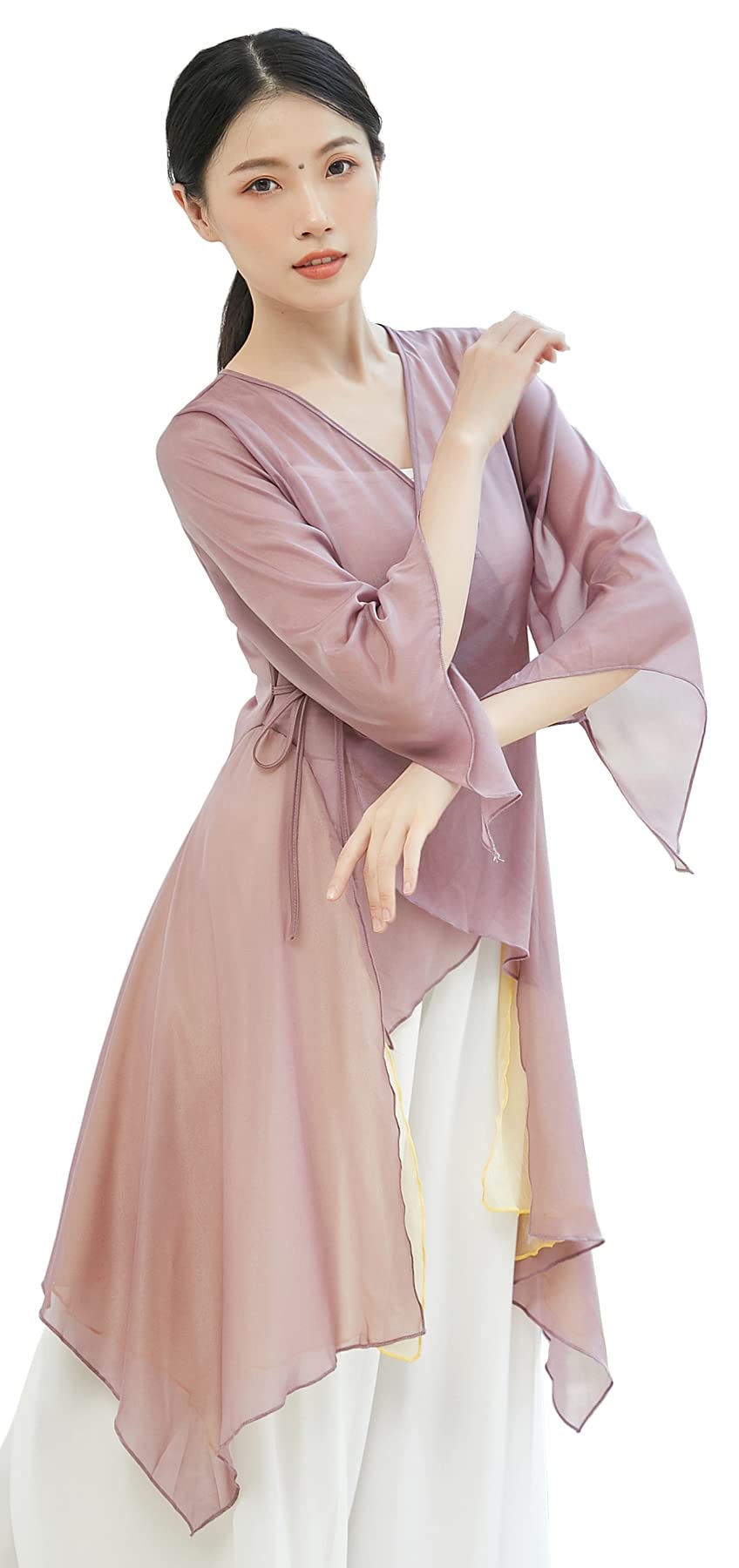 Angcoco Women's Chinese Traditional Slit Sleeves See-Through Chiffon Dance Cardigan Top Purple