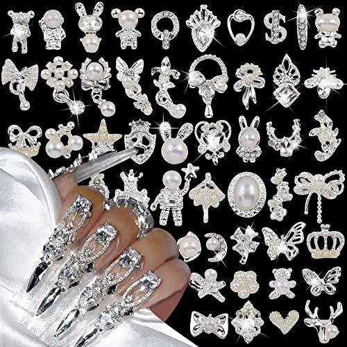 30 Stück Nagel Charms Set - 3D Zirkon Schmuck, Silber, Für Nail Art, Mit Schmetterling, Herz, Blume Etc.