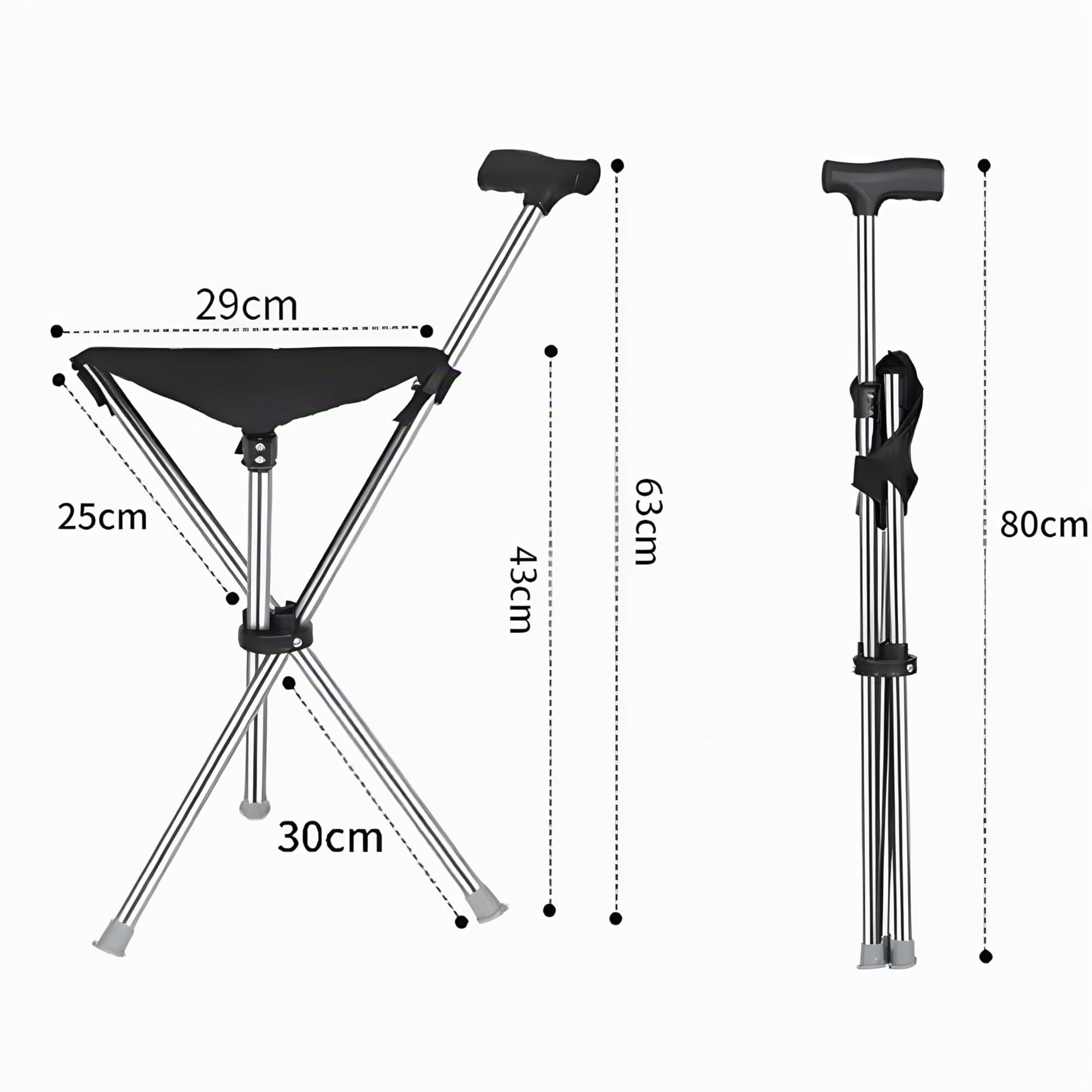 Asiento plegable 2 en 1, muletas con asiento, fabricado en acero inoxidable con una capacidad de peso de hasta 150 kg, está diseñado para ser ligero y portátil