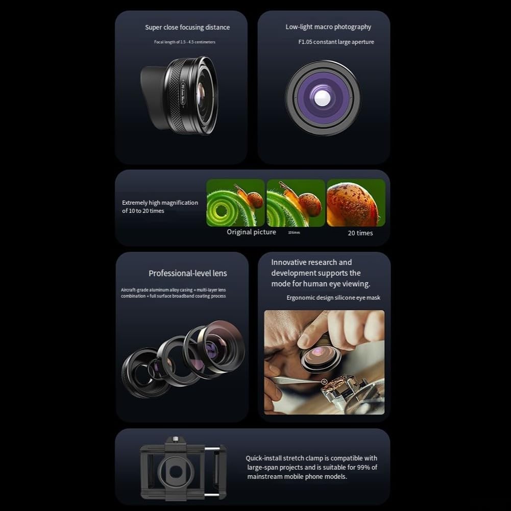 FACAIIO Obiettivo macro zoom 15-45mm con apertura F1.05 per smartphone, ingrandimento 10-20x, lega di alluminio, rivestimento multistrato, modelli di telefono al 99%