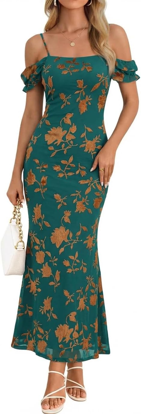 MEROKEETY Women's 2026 Summer Off The Shoulder Spaghetti Strap Floral Mesh Wedding Guest Cocktail Formal Party Maxi Dresses