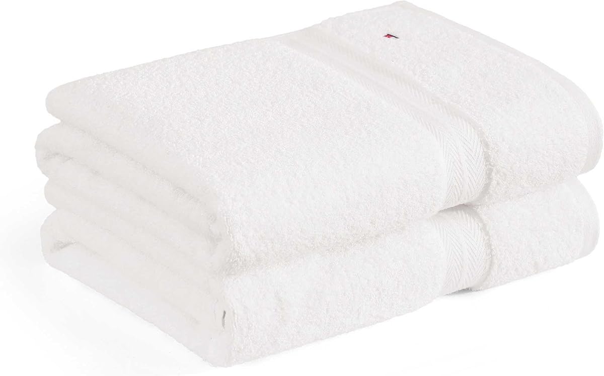 Tommy Hilfiger - Bath Towel Set, Absorbent Cotton Terry with Zero Twist, Medium Weight, Oeko-Tex Certified (Modern American White, 2 Piece)