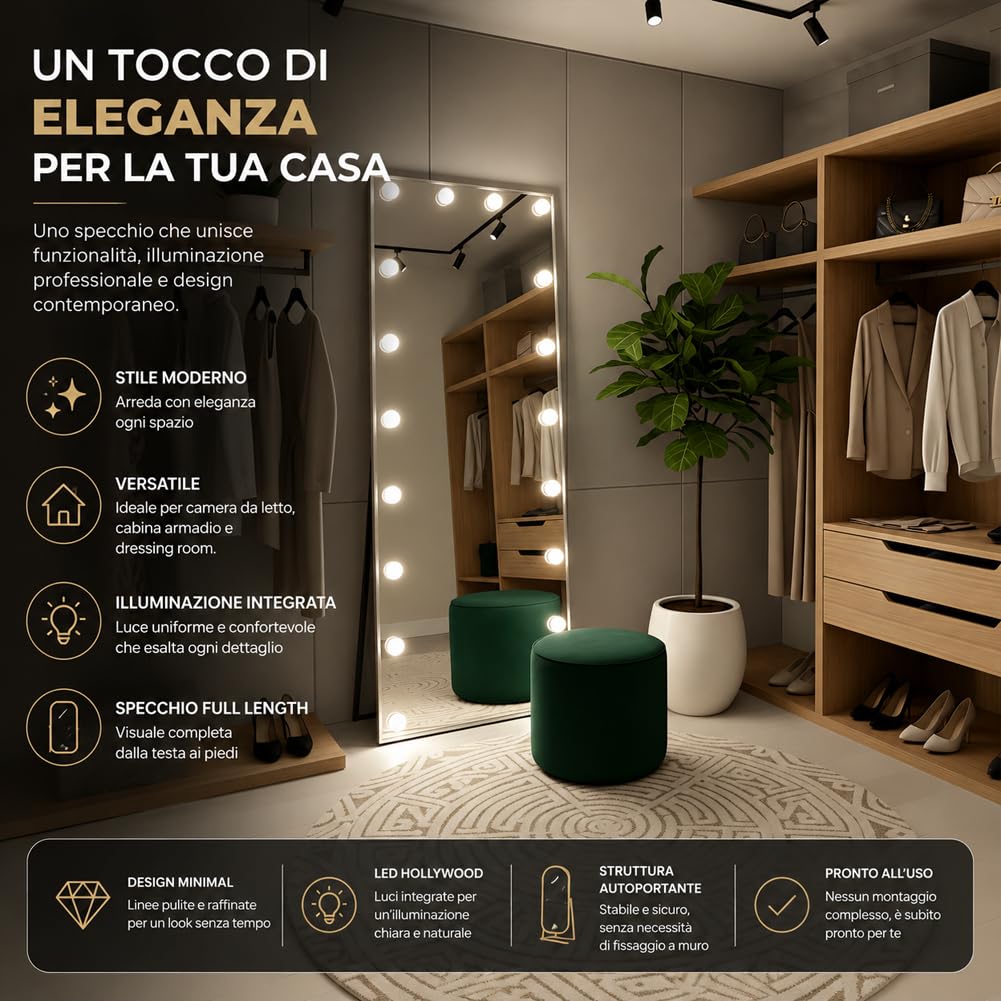 Shally Dogan Specchio XXL Hollywood Figura Intera Indipendente con Struttura in Alluminio con Led Bulbi a 3 Colori Dimmerabile, Bianco Caldo, Freddo e Neutro, Decorazione Interna 60 x 160 cm