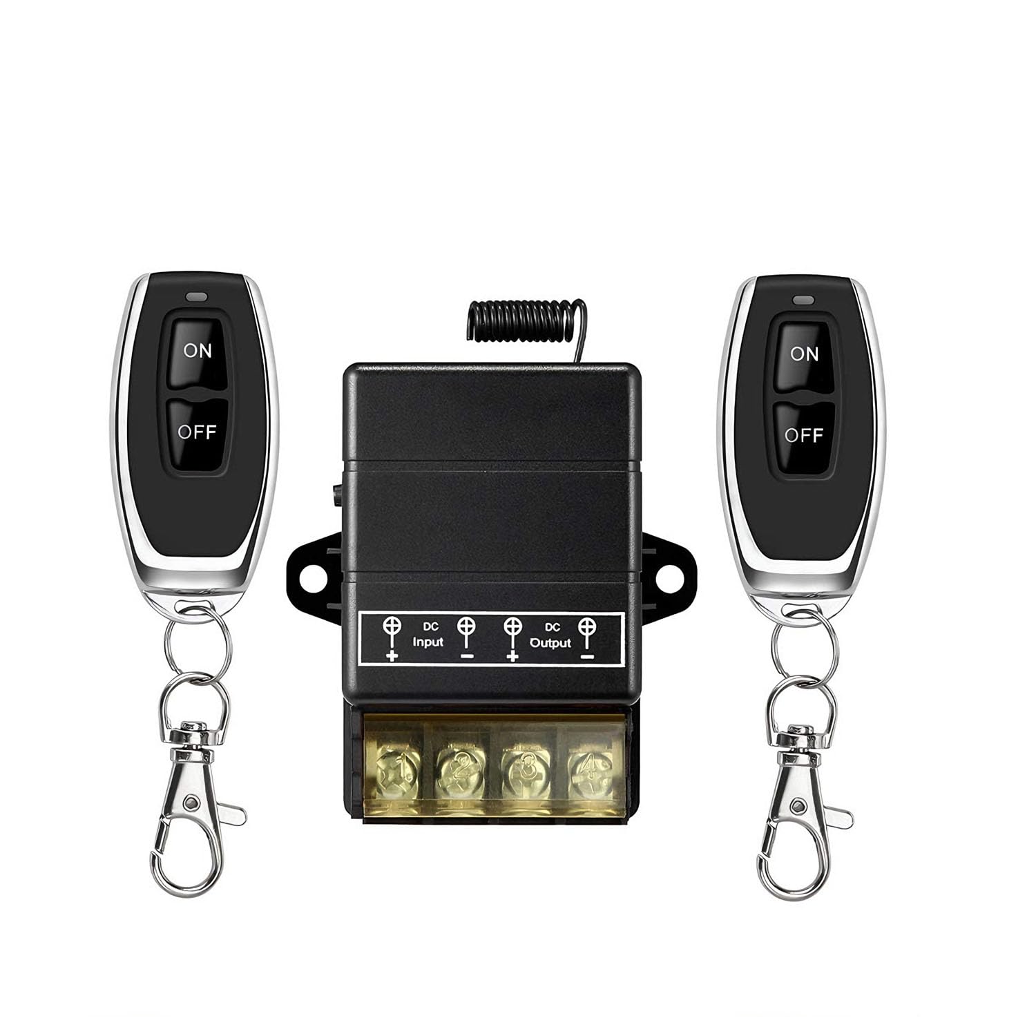 Wiring diagram for the YETOR DC 12V-72V/40A Remote Control Switch, showing DC input and output connections.