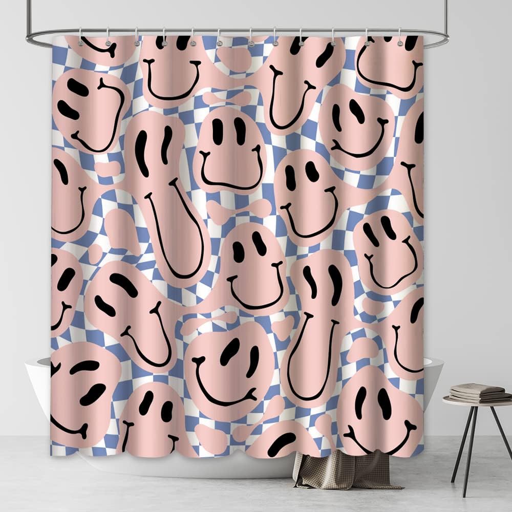 MEHOFOND Retro 70s Pink Smiley Shower Curtain Y2K Hippie