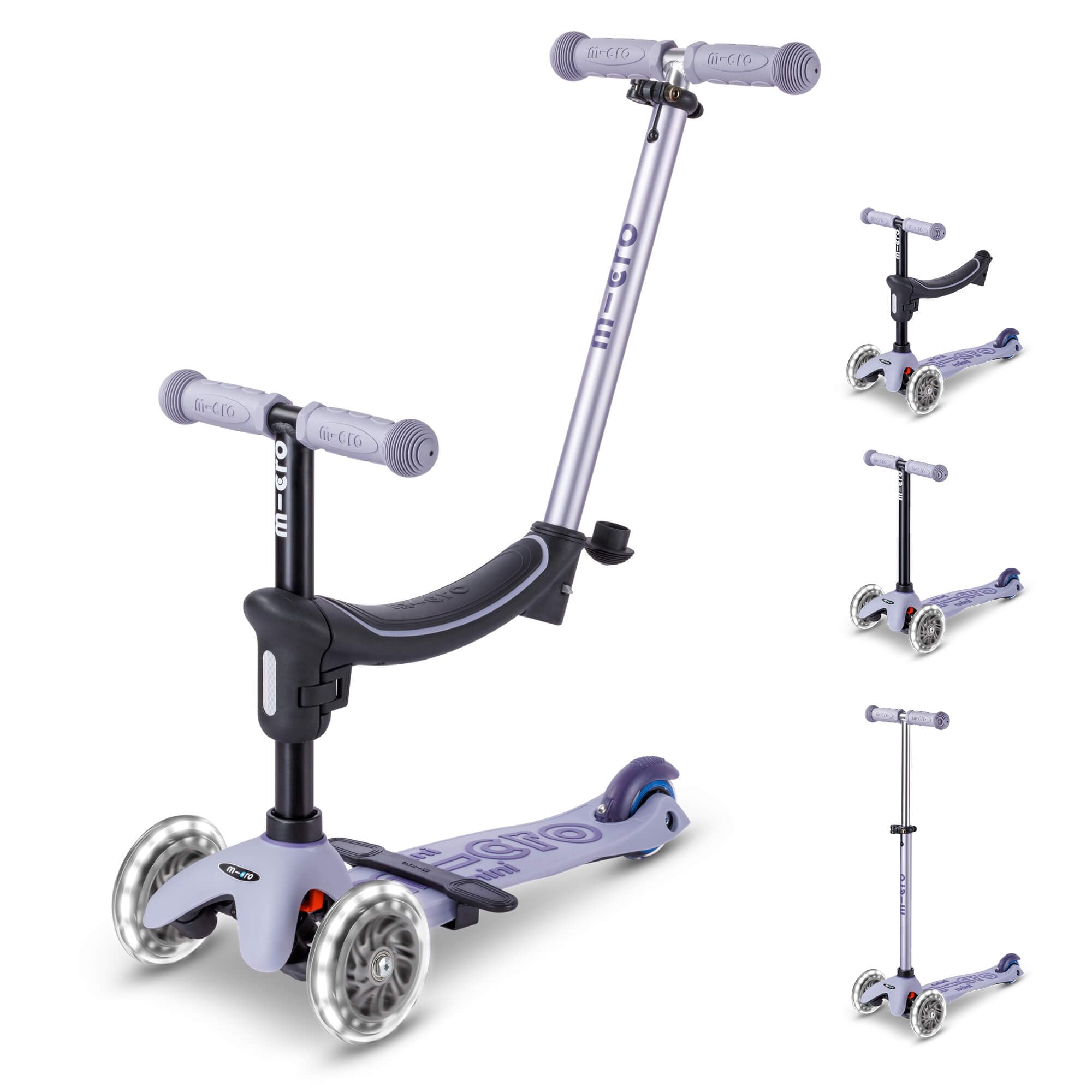 Micro Scooters | Mini Micro 2 Grow LED 4in1 Toddler's Trike | Handlebar Adjustable | Lightweight | 1-6yrs | Boys & Girls | Lavender