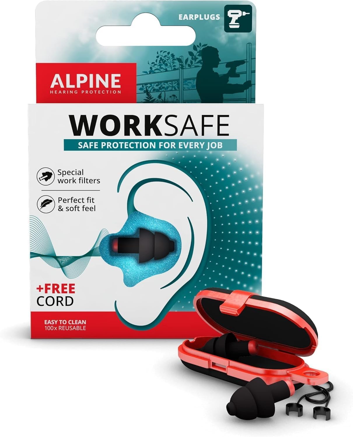 WorkSafe Construction Earplugs for Adult - Reusable Ear Protection for Work & DIY - Comfortable Hypoallergenic Filter for Noise Reduction - 23dB - with Safety Cord Black