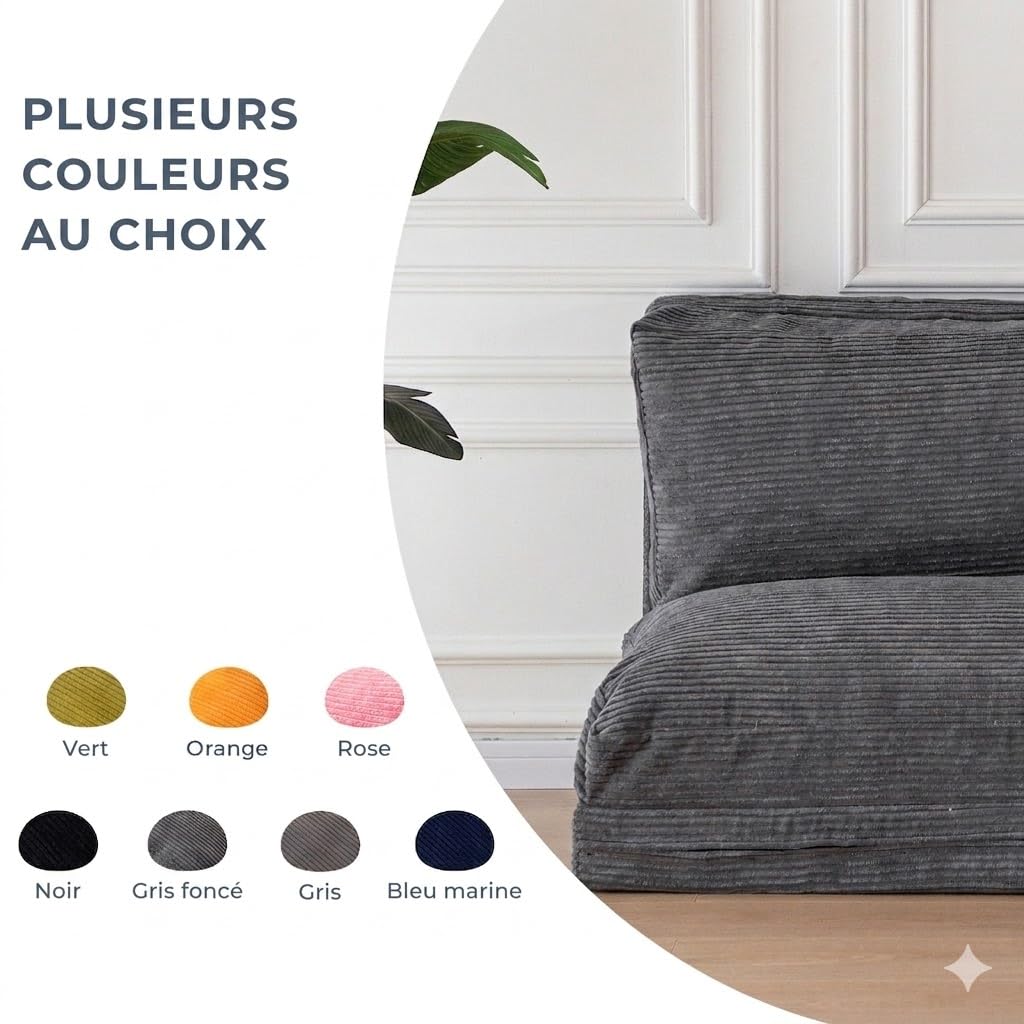 MAXYOYO Pouf pliable en velours côtelé avec rembourrage en mousse, extra épais, 4 couches, matelas/canapé de sol pour adultes, housse amovible et lavable en machine, anthracite, 135 x 240 cm