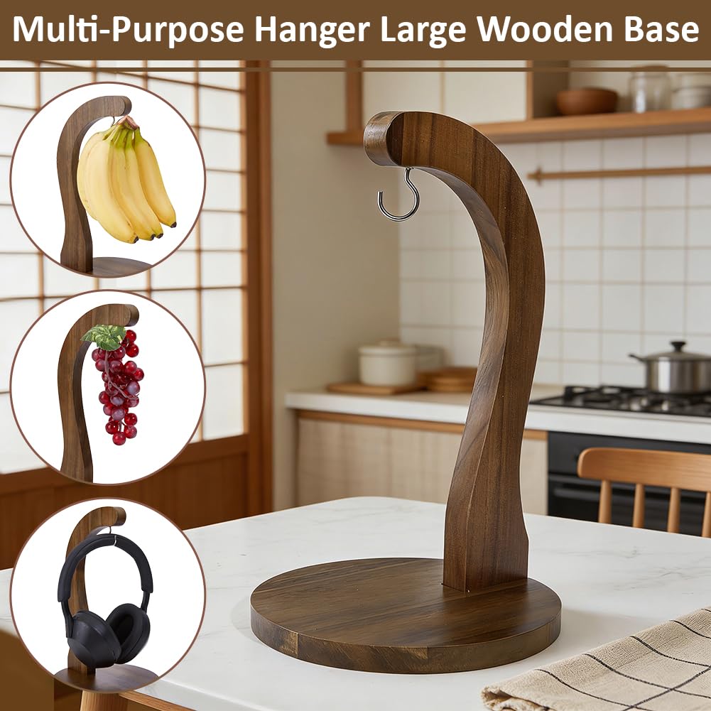 BENECREAT Zweig Akazienholz Bananenhalter mit Metallhaken Obst Aufhänger Ständer Bananen Halter Baum Ständer um Bananen frisch zu halten für Küche