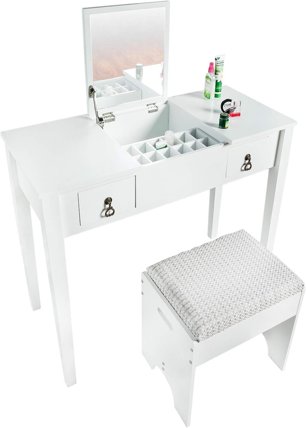 Vanity Makeup Table Set with Mirror and Stool, Dressing Table for Girls/Women, Bedroom, White