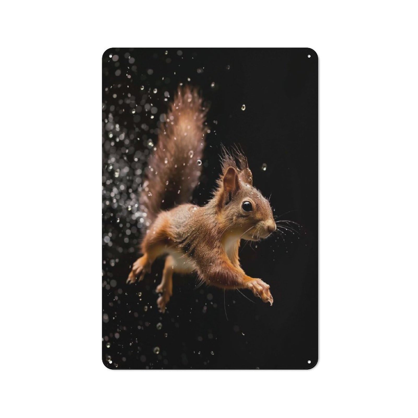 Junmoney Style-22 Tin Wall Plaque 30X20cm With Squirrel Through Raindrops For Bar Or Restaurant, For Hospitality Decor Collectors