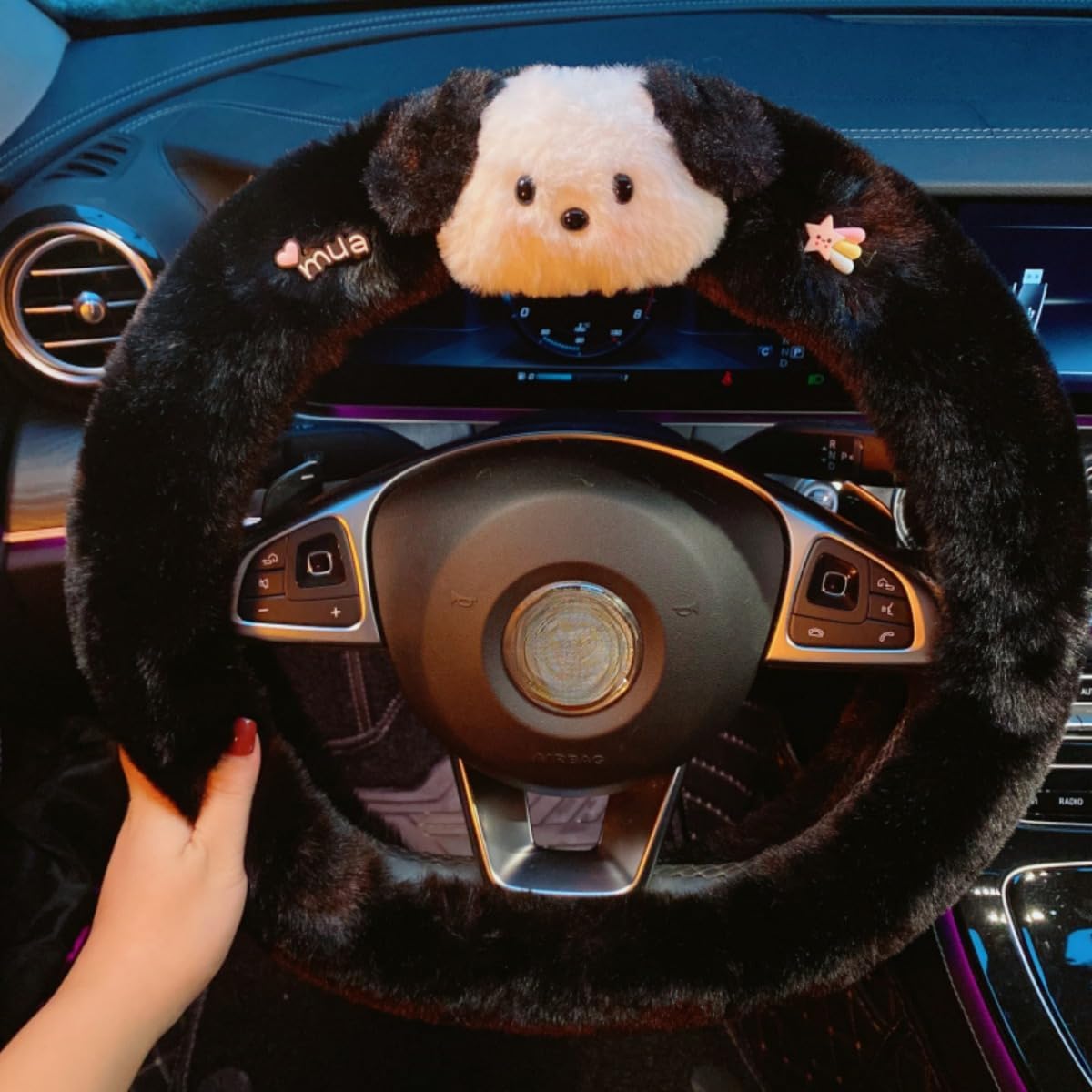 Car Steering Universal 15 inch Wheel Pacha Dog Cover with Fluffy Gear Shift Cover Soft Warm Non-Slip Car Decoration for Women Girls (A)
