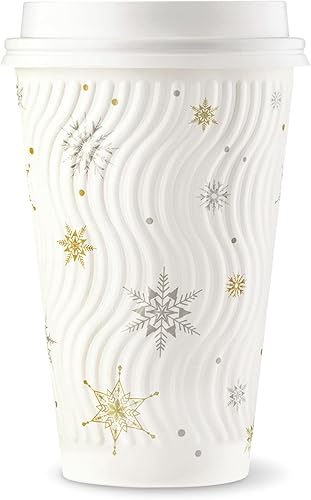 Paquete de 100 tazas de café de Navidad de 16 onzas, vasos de papel desechables de invierno con copos de nieve blancos, vasos de papel de pared con