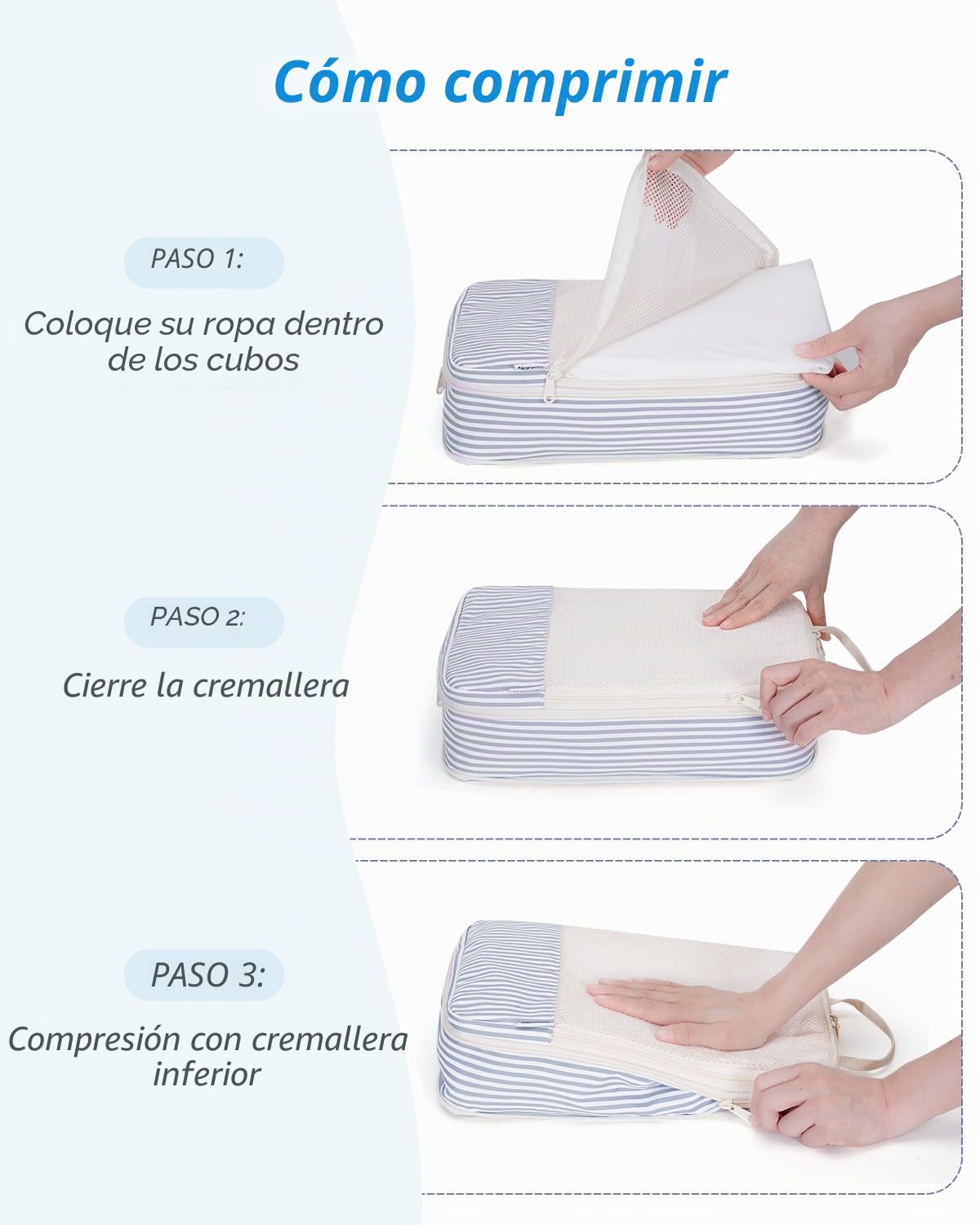 Narwey 6 Sets Compresión Organizador Maleta, Packing Cubes Compression, Bolsas Viaje para Mochila y Maleta, Cubos Organizadoras Maletas Travel Essentials Accesorios Viaje (rayas azul grisáceo)