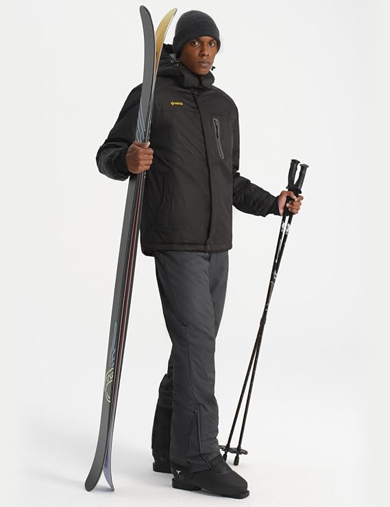 GEMYSE Men's Mountain Waterproof Ski Snow Jacket Winter Windproof Rain Jacket+Ski Bibs(Grey Black+Black,Large)
