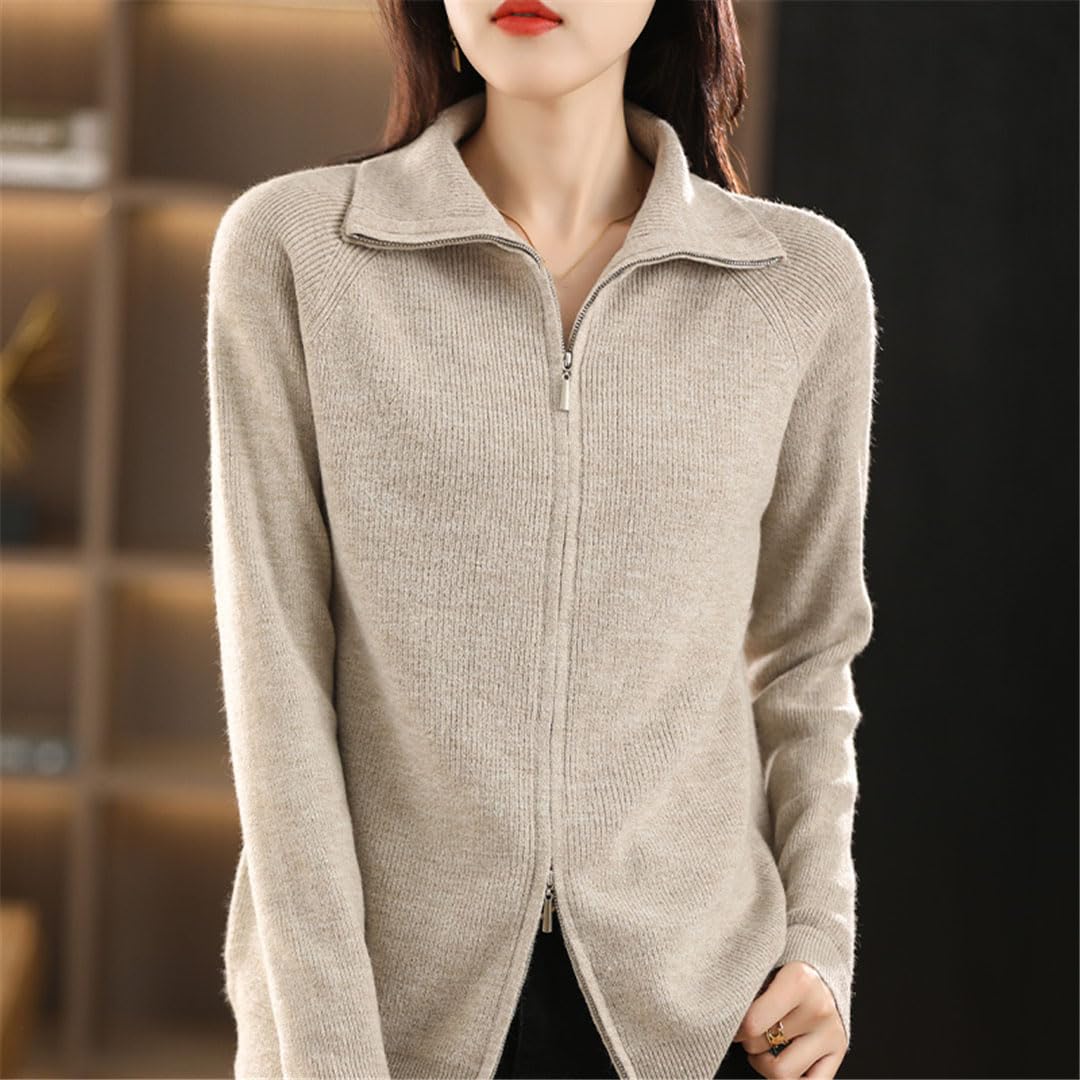Femmes Laine Pull Double Fermeture Éclair Bas Revers Cardigan Femme Décontracté Tricoté Hauts Veste
