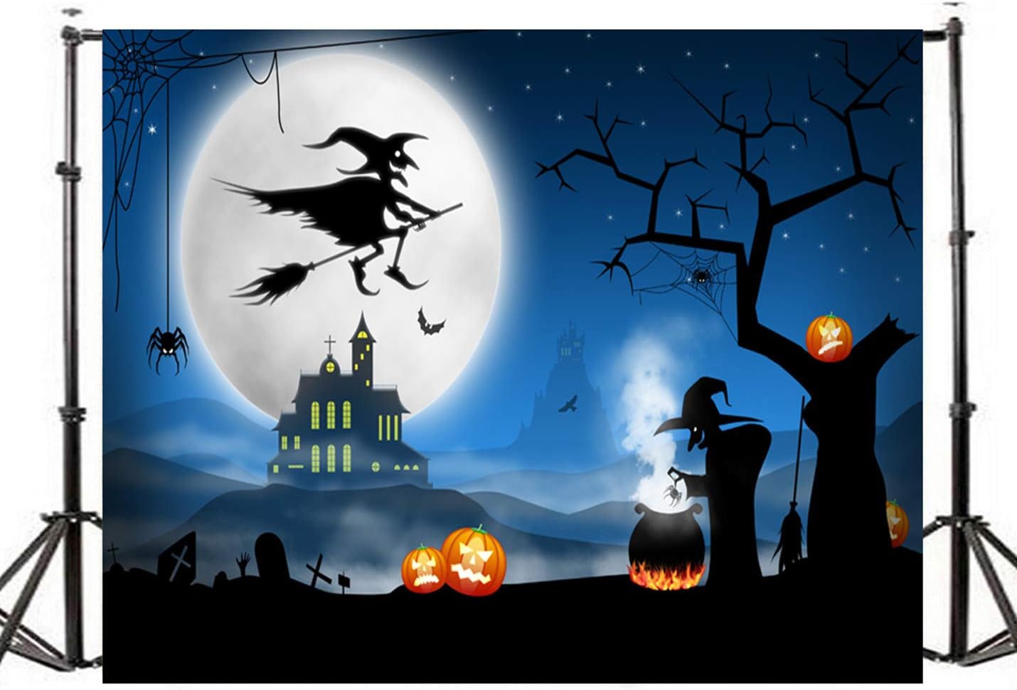 7x5ft Halloween Photographic Backdrop Witch Broom Bat Halloween Magic Children Party Photocall Baby Backgrounds Banner 2-062